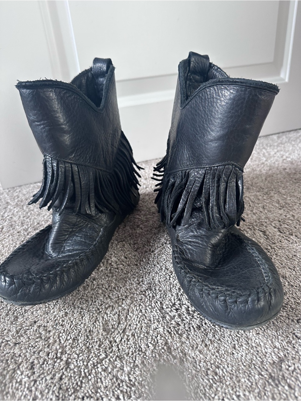 Black Fringe Leather Moccasin Boots - Women's
